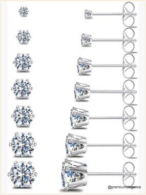 7 Pairs Cubic Zirconia Stud Earrings Set Titanium Stainless Steel Hypoallergenic
